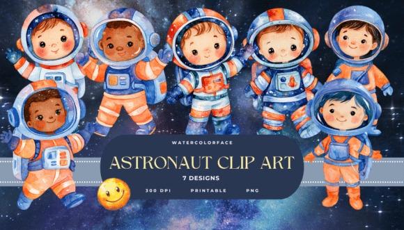 Creative kids clipart bundles featuring watercolor astronaut characters in space suits with a starry background