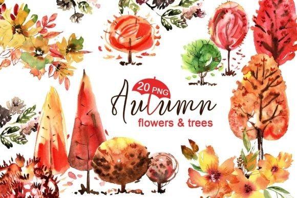 Watercolor autumn clipart featuring hand-painted flowers and trees in warm fall colors, 20 transparent PNG — Fall Clipart