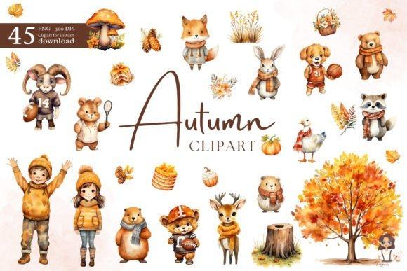 Watercolor autumn clipart set with 45 fall-themed images including animals, leaves, pumpkins, and trees for — Fall Clipart