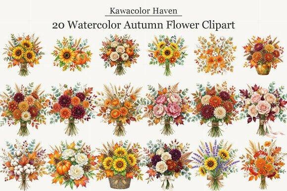 best flower clipart sets for shirts mugs crafts featuring 20 watercolor autumn flower bouquets with transparent backgrounds