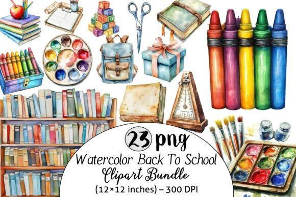 Watercolor Teacher Clipart Bundle Watercolor teacher clipart with school supplies including books, crayons, paint palette, scissors, backpack, and gift box