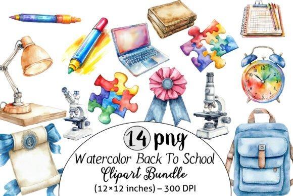 Watercolor Teacher Clipart Bundle Watercolor teacher clipart bundle with school supplies, puzzle pieces, microscope, laptop, and backpack