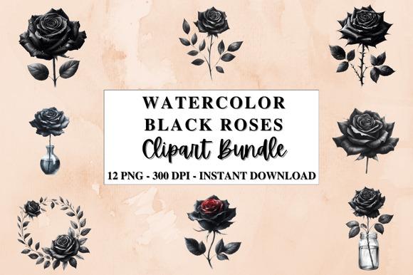 Watercolor black roses clipart bundle with 12 transparent PNG images for dark floral designs — Flower Clipart