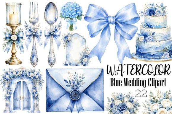 Blue watercolor wedding clipart set including bow, cake, envelope, flowers, and tableware for wedding stationery