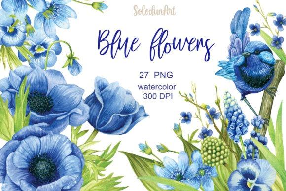 Watercolor blue flower clipart set with 27 transparent PNG images including flowers, leaves, buds, and a bird