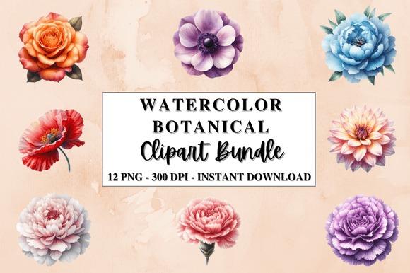 Watercolor botanical flower clipart bundle with 7 colorful floral designs in a circular arrangement