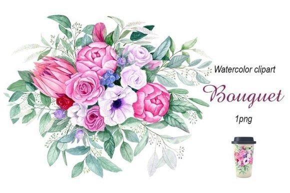 Watercolor flower clipart bouquet with pink and white flowers and green leaves for wedding and craft projects