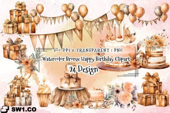 Best happy birthday clipart featuring 24 watercolor bronze birthday designs with cakes, balloons, gifts, and floral elements