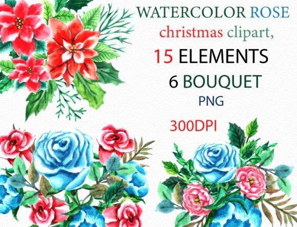 Watercolor flower clipart with red and blue roses and green leaves, 15 elements and 6 bouquet PNG files at 300 DPI