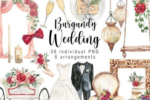 Burgundy wedding clipart set with watercolor floral frames, bride and groom, champagne glasses, and decorative elements