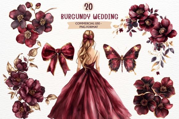 Burgundy wedding clipart set featuring flowers, bow, butterfly, and woman in burgundy dress for invitations