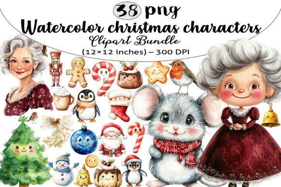 Watercolor Christmas clipart featuring festive characters like a mouse, Santa, penguins, gingerbread, and holiday treats in
