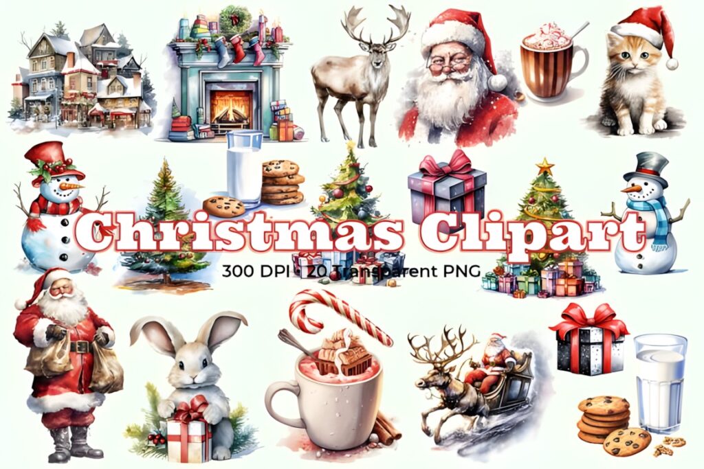 Christmas clip art featuring Santa, reindeer, snowmen, Christmas trees, gifts, cookies, and festive animals in watercolor