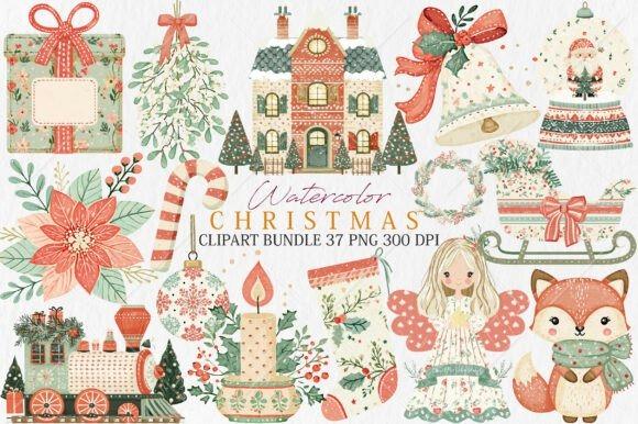 Watercolor Christmas Clipart bundle with houses, ornaments, poinsettias, candy canes, wreaths, gifts, candles, sleighs