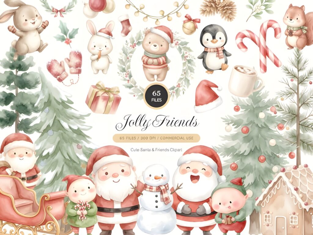 Christmas decorations PNG featuring watercolor Santa Claus, snowman, animals, trees, candy canes, and holiday gifts