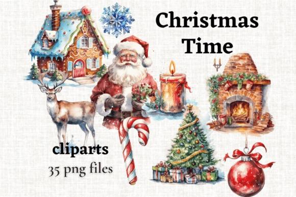 Watercolor Christmas clipart set with Santa, reindeer, gingerbread house, candle, Christmas tree, fireplace, snowflake, and