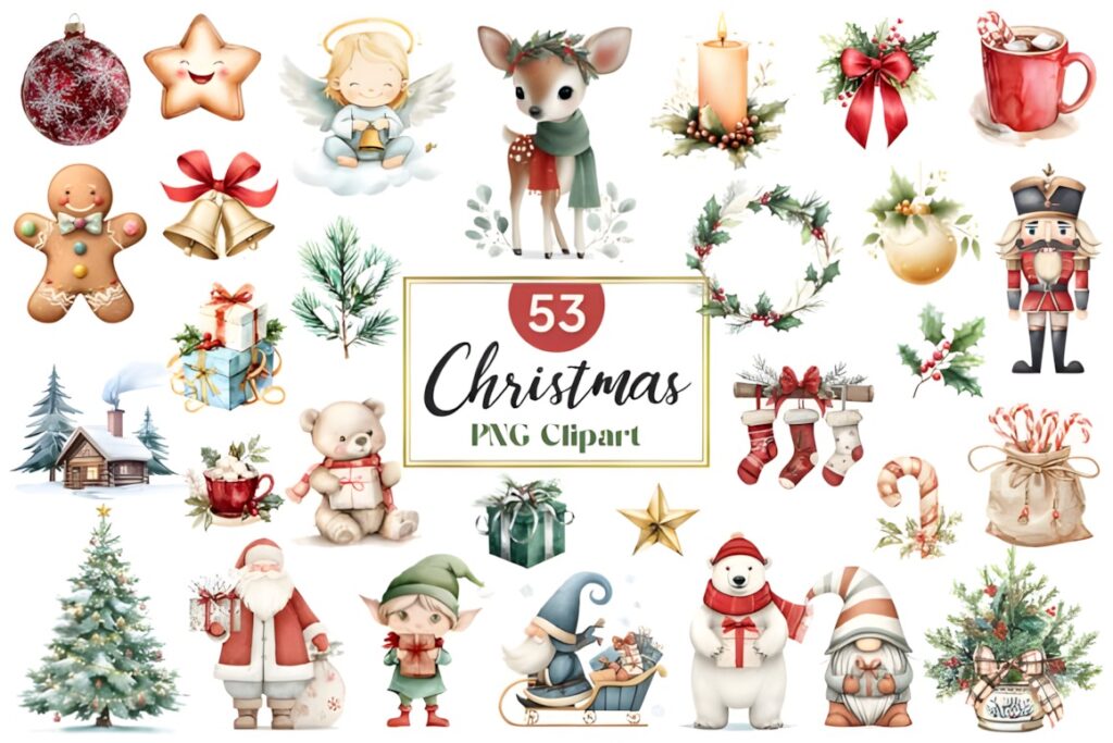 Christmas Elements PNG including Santa, reindeer, gingerbread, gifts, wreaths, candles, and holiday decorations in
