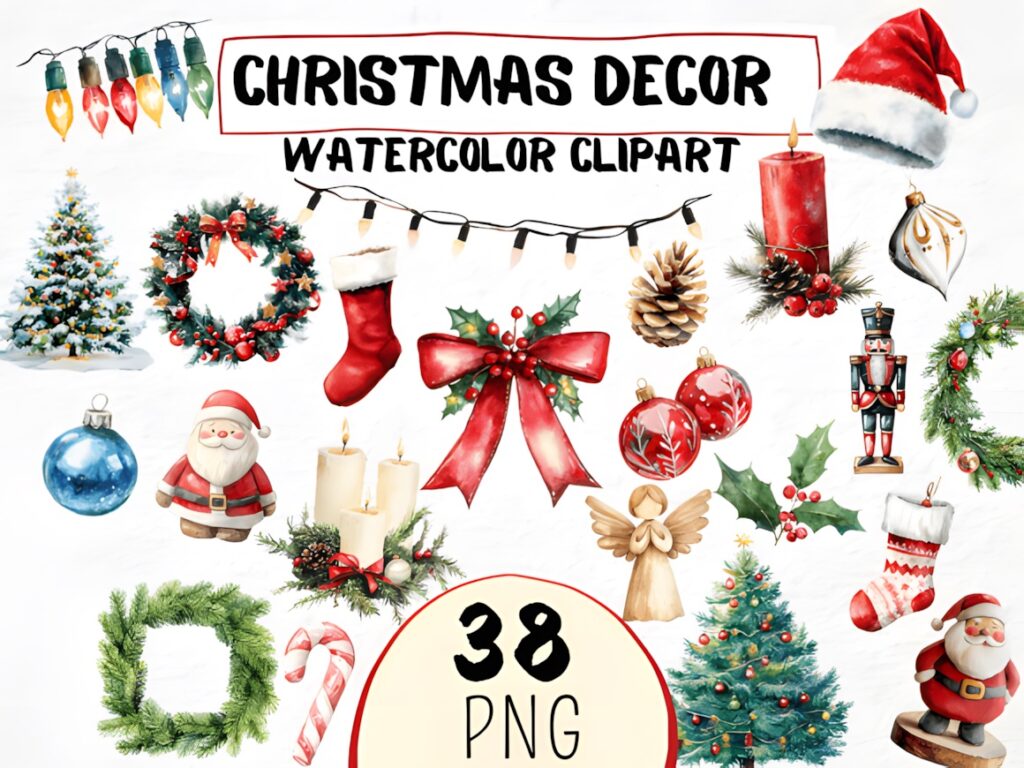 Watercolor Christmas decorations PNG including Santa, wreaths, candles, ornaments, stockings, and trees for sublimation