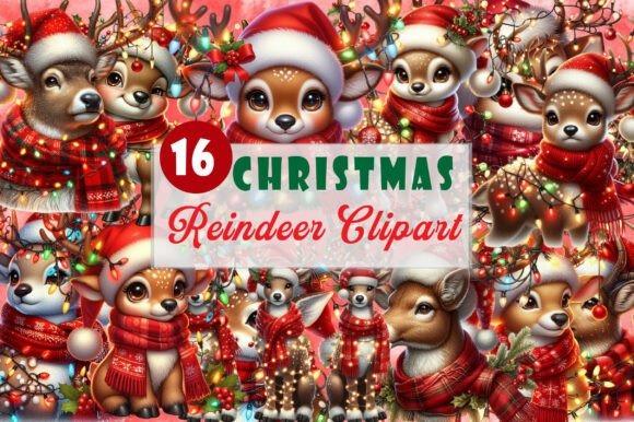 Christmas clipart for holiday cards featuring watercolor Christmas reindeer wearing Santa hats and scarves with festive