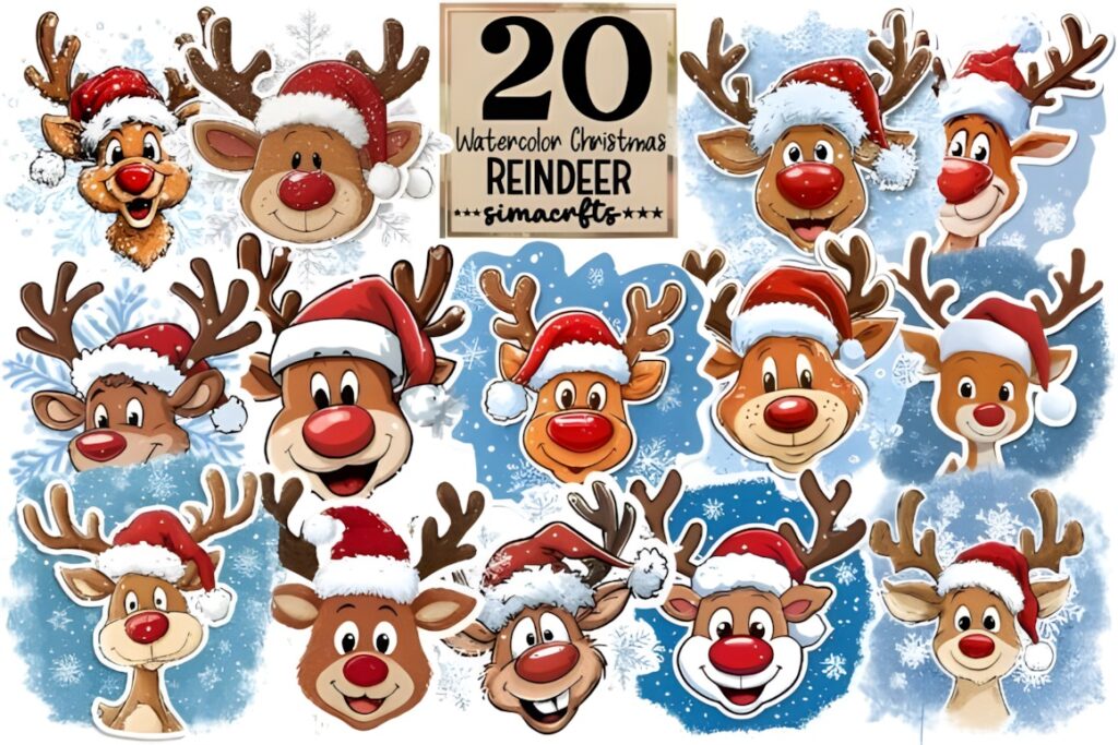 Christmas clip art featuring 20 watercolor reindeer wearing Santa hats with playful expressions