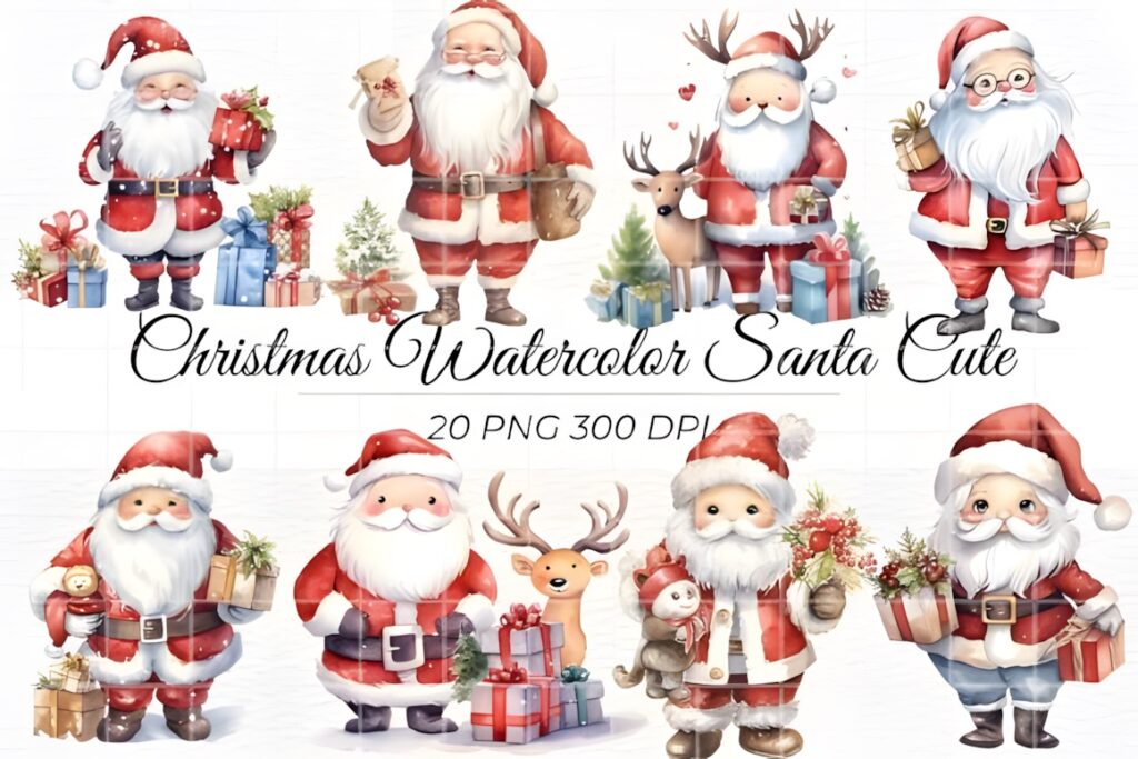 Watercolor Santa Claus clipart set with 8 Santas in various poses holding gifts and accompanied by reindeer