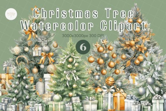 Watercolor Christmas Tree PNG Designs for Sublimation with six transparent images at 3000x3000 pixels and 300 DPI
