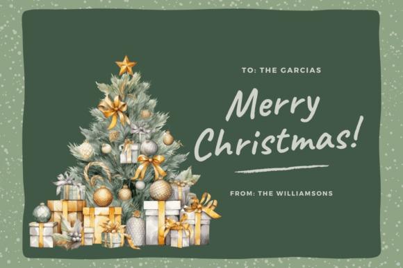 Christmas Tree PNG Designs for Sublimation featuring a decorated tree with gold and silver ornaments and wrapped gifts