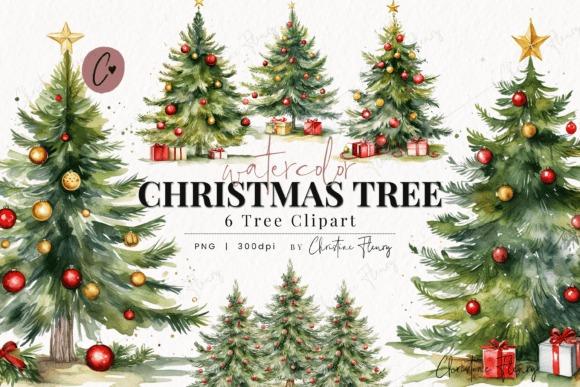 Watercolor Christmas Tree PNG Designs for Sublimation with six decorated trees and gifts