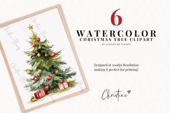 Watercolor Christmas Tree PNG Designs for Sublimation with six transparent tree elements and decorative ornaments