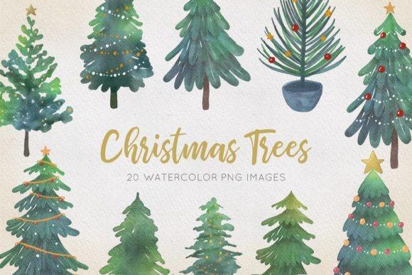 Christmas Tree PNG Designs for Sublimation featuring 20 watercolor Christmas tree graphics in various styles and decorations