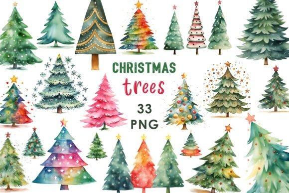 Watercolor Christmas Tree PNG Designs for Sublimation featuring 33 colorful transparent illustrations in various styles and