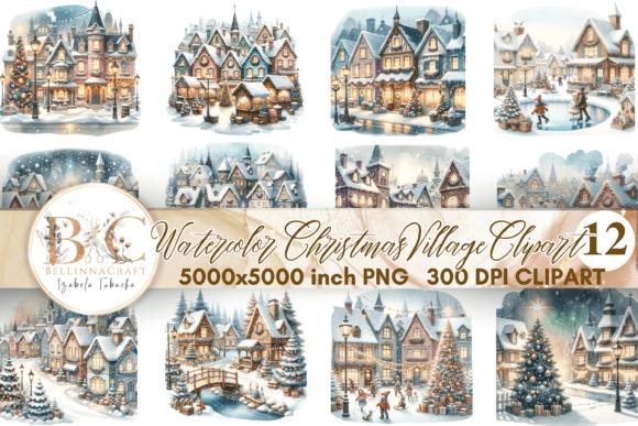 Watercolor Christmas Village Clipart set with 12 high-resolution PNG illustrations of cozy winter town — Christmas Clipart