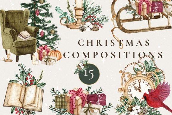 Watercolor Christmas clipart featuring a decorated tree, gifts, candles, a clock, and a cardinal bird in a seasonal