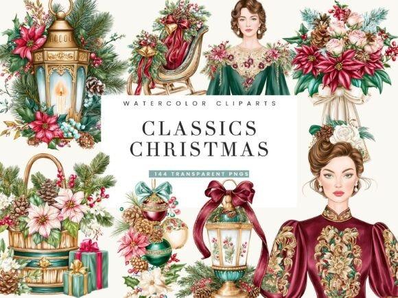 Christmas clip art featuring watercolor illustrations of lanterns, poinsettias, gifts, wreaths, and Victorian-style women
