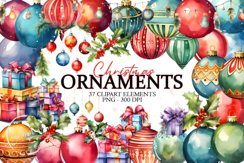 Colorful Christmas decorations PNG including ornaments and gift boxes in watercolor style