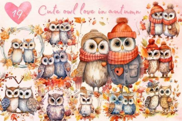 Watercolor cute owl in autumn clipart with multiple owl illustrations wearing scarves and hats surrounded by — Fall Clipart