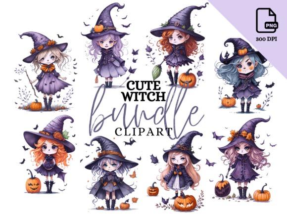 Watercolor Halloween clipart featuring eight cute witches with pumpkins and bats in purple outfits