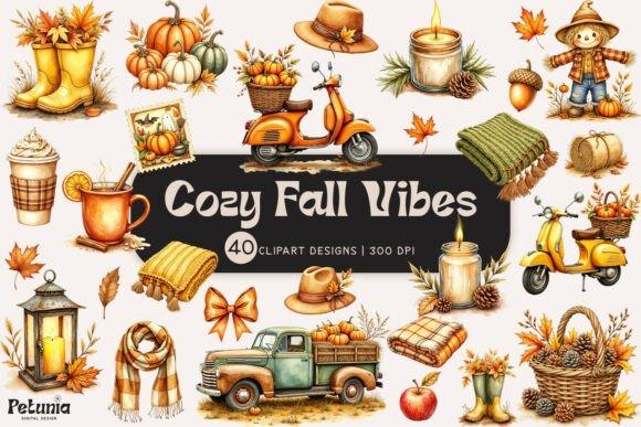 Fall Clipart featuring pumpkins, leaves, candles, scarves, boots, and cozy autumn items in watercolor style