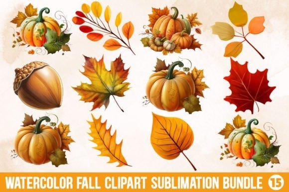 Watercolor fall clipart featuring pumpkins, acorns, and various autumn leaves in warm colors for seasonal crafts
