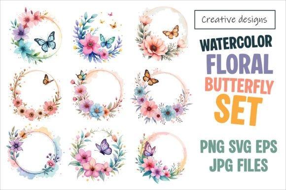 Watercolor floral butterfly clipart set with nine circular floral designs featuring butterflies in PNG, JPG, SVG, and EPS