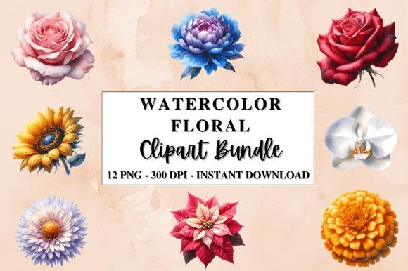 Watercolor floral clipart bundle with 12 individual flower designs including rose, sunflower, orchid, and — Flower Clipart