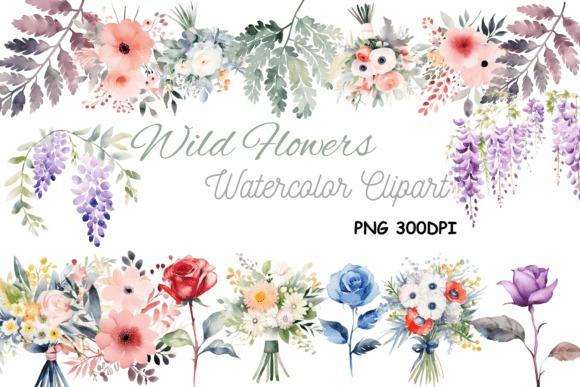Watercolor flower clipart bundle with various wildflowers and bouquets in soft pastel colors
