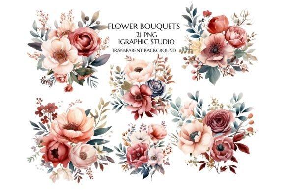 Watercolor flower clipart bouquets with soft pink, red, and beige flowers and green leaves in high resolution PNG format