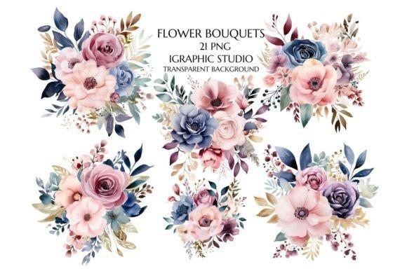 Watercolor flower clipart bouquet collection with pink, purple, and blue flowers and green leaves in 21 PNG files