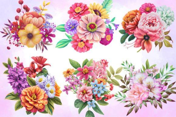 Colorful flower clipart featuring six distinct floral arrangements with various blossoms and leaves on a light background