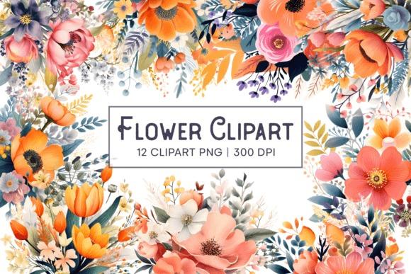 flower clipart set with 12 watercolor floral PNG files featuring orange, pink, and purple flowers with transparent