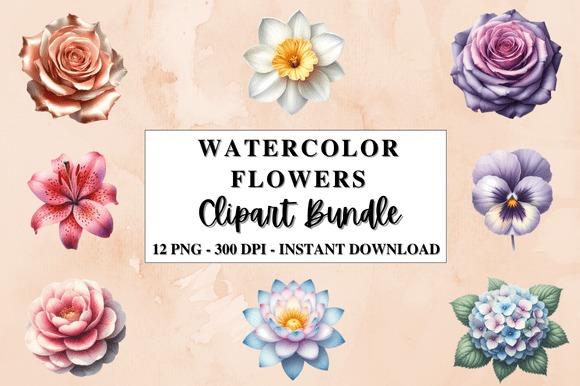 Watercolor flower clipart bundle with 12 floral PNG images including roses, daffodil, lily, pansy, and hydrangea