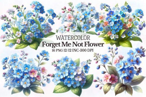Watercolor forget me not flower clipart set with 16 PNG files at 300 DPI — best flower clipart sets for shirts mugs crafts