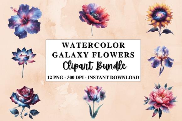 Watercolor galaxy flower clipart bundle with 12 transparent PNG images featuring fantasy floral designs