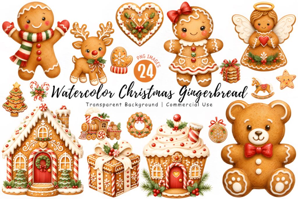 Christmas decorations PNG featuring watercolor gingerbread characters, houses, gifts, and festive ornaments